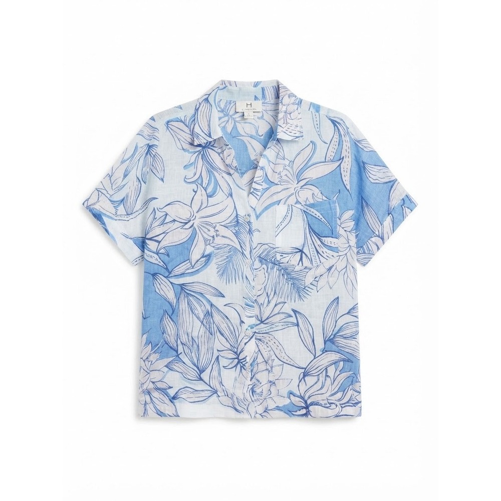 Halston Linen Button Down Womens Xl Floral Boho Beach Short Sleeve Summer Fall